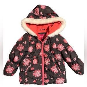 London Fog Winter Coat Girls 4T Floral puffer coat hood pink brown